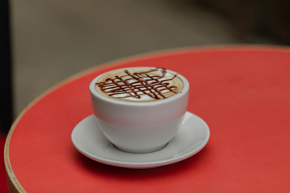 Close up of Mocha Latte sitting on a table at the Wild Goose Coffee shop.